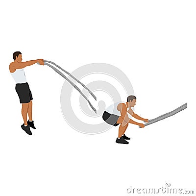 Man doing battle rope double arm slams exercise Cartoon Illustration