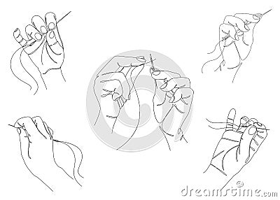 Collection. Silhouettes of hands of a man with a needle threading the eye of a needle in a modern style in one line. Solid line, s Vector Illustration