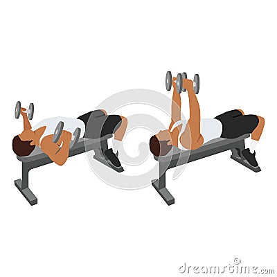 Man doing Flat bench dumbbell flyes exercise. Cartoon Illustration