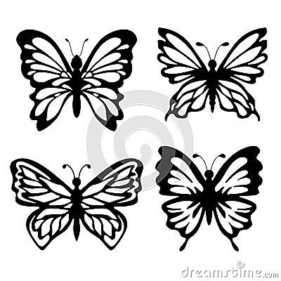 Set of four silhouettes of butterflies on a white isolated background. Insect. Vector Illustration