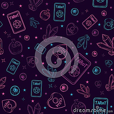 Occult and witchy seamless pattern with purple and blue elements. Tarot cards, precious gems, ouija board and flasks. Vector Illustration