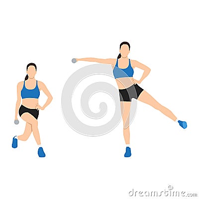 Woman doing Curtsy lunge side kick lateral raise exercise Vector Illustration