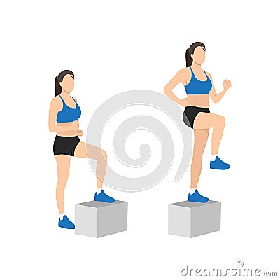 Woman doing Step up with knee raise exercise. Vector Illustration