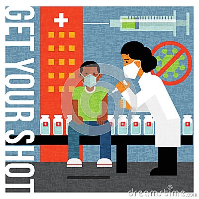 Health care worker gives child Covid vaccine. Vector illustration. Vector Illustration