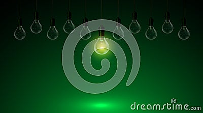 multiple light bulbs the center light on a green background. Vector Illustration