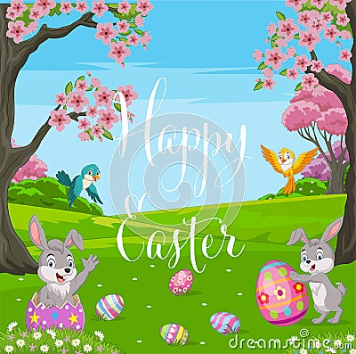 Happy little bunnies cartoon with easter eggs in spring forest Vector Illustration