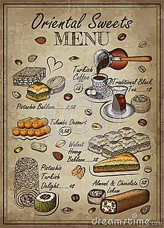 Sketch drawing Oriental Sweets menu. Outline Turkish coffee, black tea Vector Illustration