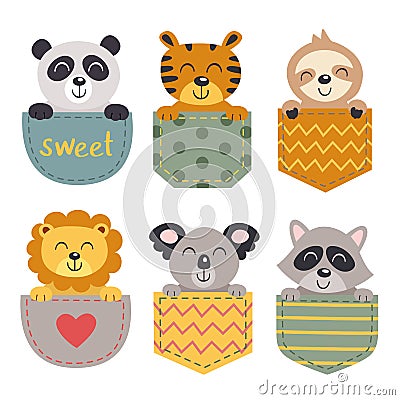 Set of isolated animals in the pocket Vector Illustration