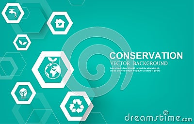 Vector geometric hexagon shape with conservation icons on green backgrounds Vector Illustration