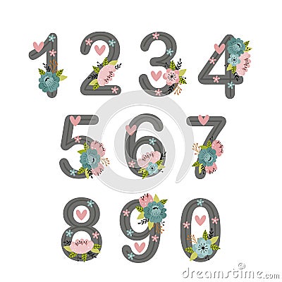 Set of isolated beautiful floral numbers Vector Illustration