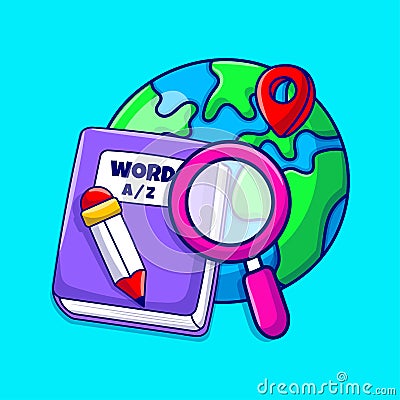 Hand drawn of globe, dictionary, magnifying glass doodle Cartoon Illustration