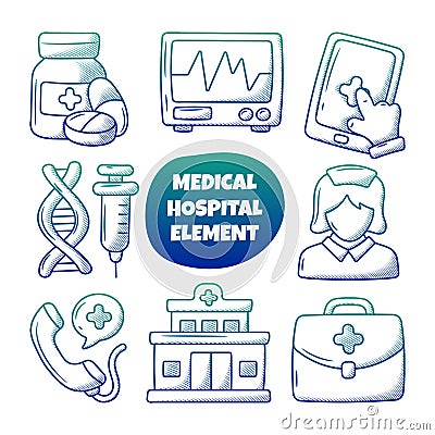 Simple Hospital and medical doodle element collection Stock Photo