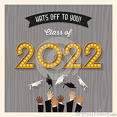 Happy 2022 graduation card design with vintage light bulb sign numbers and graduates throwing hats. Vector Illustration