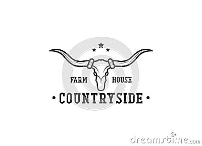 Texas Longhorn, Country Western Bull Cattle Vintage Label Logo Design Vector Illustration