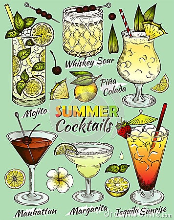 Sketch hand drawn set of colorful Summer alcohol cocktails on blue background. Bar menu. Vector Illustration