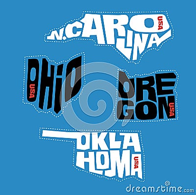 North Carolina, Ohio, Oregon, Oklahoma state names distorted into state outlines. Pop art style vector illustration for stickers. Vector Illustration