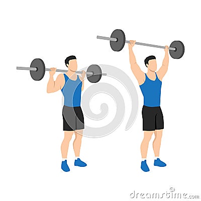 Man doing Standing behind the neck barbell shoulder press Cartoon Illustration