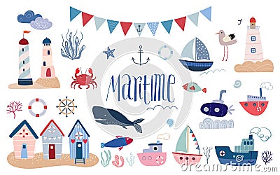 Maritime elements collection, summer vibe, doodle style Vector Illustration