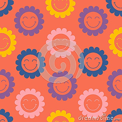 Seamless pattern with colourful smiling flowers Vector Illustration