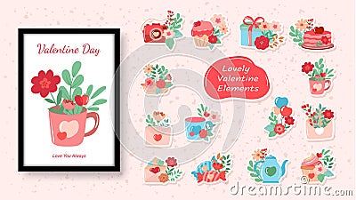 Romantic valentine stickers with flowers, cute floral bouquets elements Stock Photo