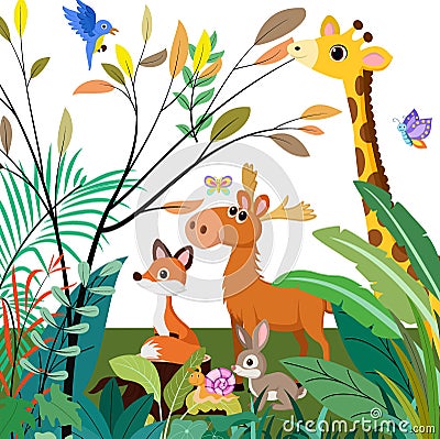 Group of cute animals cartoon in the forest Vector Illustration