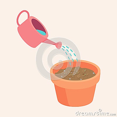 Watering coriander Seeds in a pot are Growing up is a soft shoot Flat Vector Vector Illustration