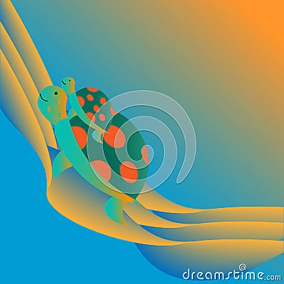 Illustration of a turtle holding its cub on a bright abstract background Stock Photo