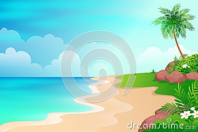 Tropical seascape of blue ocean and palm tree Cartoon illustration Cartoon Illustration