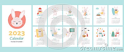 Calendar 2023 design template with rabbits. Year of the Rabbit. Set of 12 vertical templates and cover. Sunday start calendar. Cartoon Illustration