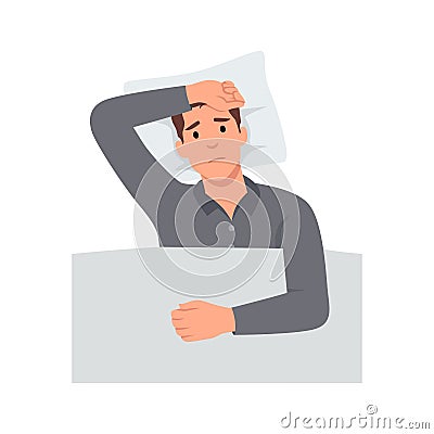 Young man sleepless suffers from insomnia, sleep disorder. Vector Illustration
