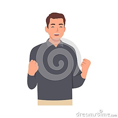 Young man successful with clenched fists rejoices at success. Vector Illustration