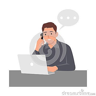 Young man company director giving short brief through phone call Vector Illustration