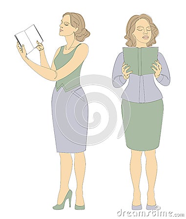 Collection. Girls silhouettes in modern single line style. Woman teacher reads a book. . Vector illustration set. Vector Illustration