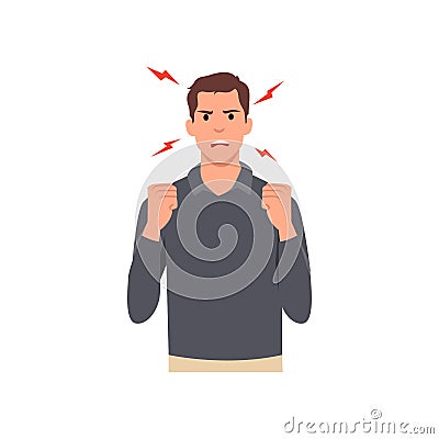 Young man angry and raised fist and shout or screaming expression. Vector Illustration