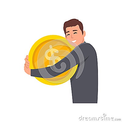 Young happy man standing alone and hugging heavy three golden coins Vector Illustration