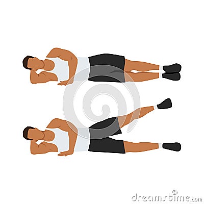 Man doing Lying side leg lifts or lateral raises hip abductors or adductors. Cartoon Illustration