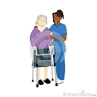 Nurse helps her grandmother to go to the walker. Caring for the elderly. Cartoon Illustration