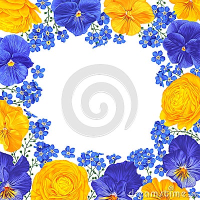 Square frame with yellow and blue vector flowers isolated on white background. Vector Illustration