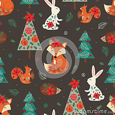 Seamless pattern with Christmas tree and animals Vector Illustration