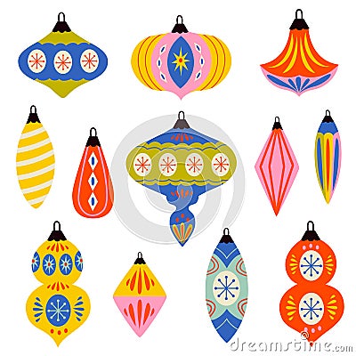 Set of isolated retro Christmas tree ornaments Vector Illustration