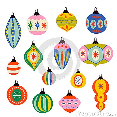 Set of isolated retro Christmas tree ornaments Vector Illustration