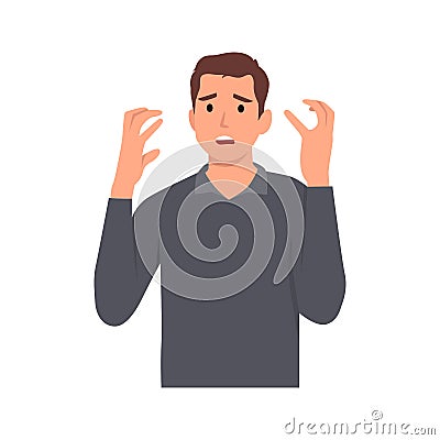 Young man emotionally spreads his hands. Question what's going on or why Vector Illustration