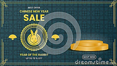 chinese new year sale design template with rabbit, podium and dark green background Vector Illustration