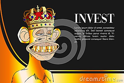 Smiling golden monkey wearing crown on an invest page. Bored ape yacht club NFT bullish market Vector Illustration