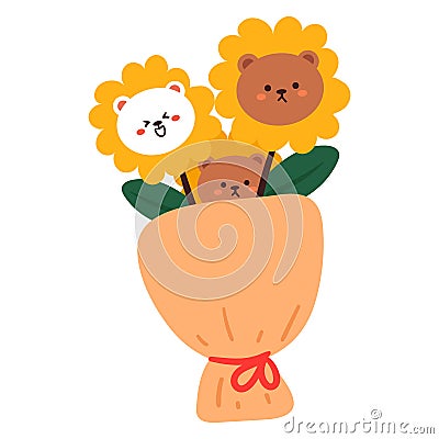 Cute cartoon bear flower. cute flower bucket with animal character icon Vector Illustration