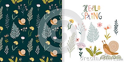 Hello spring set with seamless pattern and cute seasonal elements Vector Illustration
