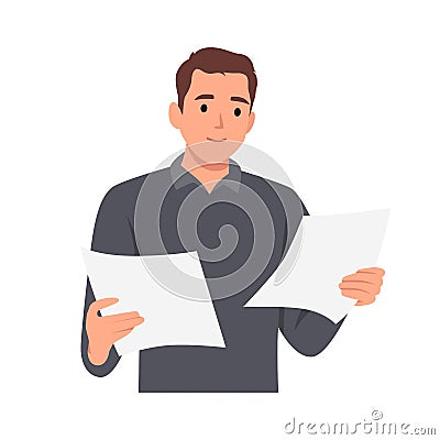 Young man looking through paper documents, satisfied with research results. Cartoon Illustration