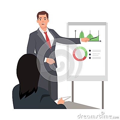 Young man manager employee presenting new business strategy Cartoon Illustration