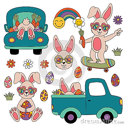 Set of isolated retro groovy easter rabbit Vector Illustration