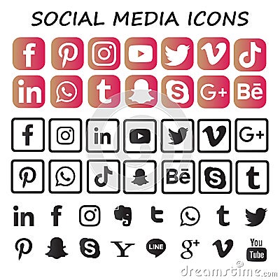 Most popular Social media icons vector design illustrated with pink and black colors. Editorial Stock Photo